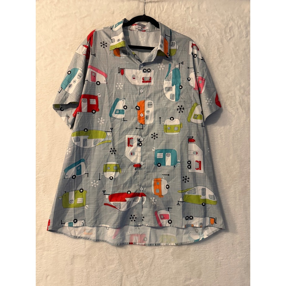 Hawalili Mens 3XL Retro Camper Trailer Print Short Sleeve Button Down Shirt Grey